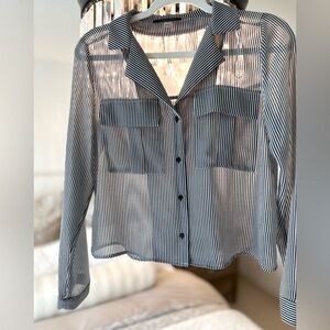 TAHARI Striped Sheer Button-Up Blouse in Navy and White - XS
